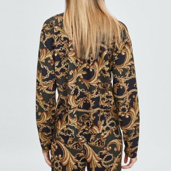 Zara Trafaluc Gold Chain Printed Textured Top - Size Medium - Picture 3 of 7